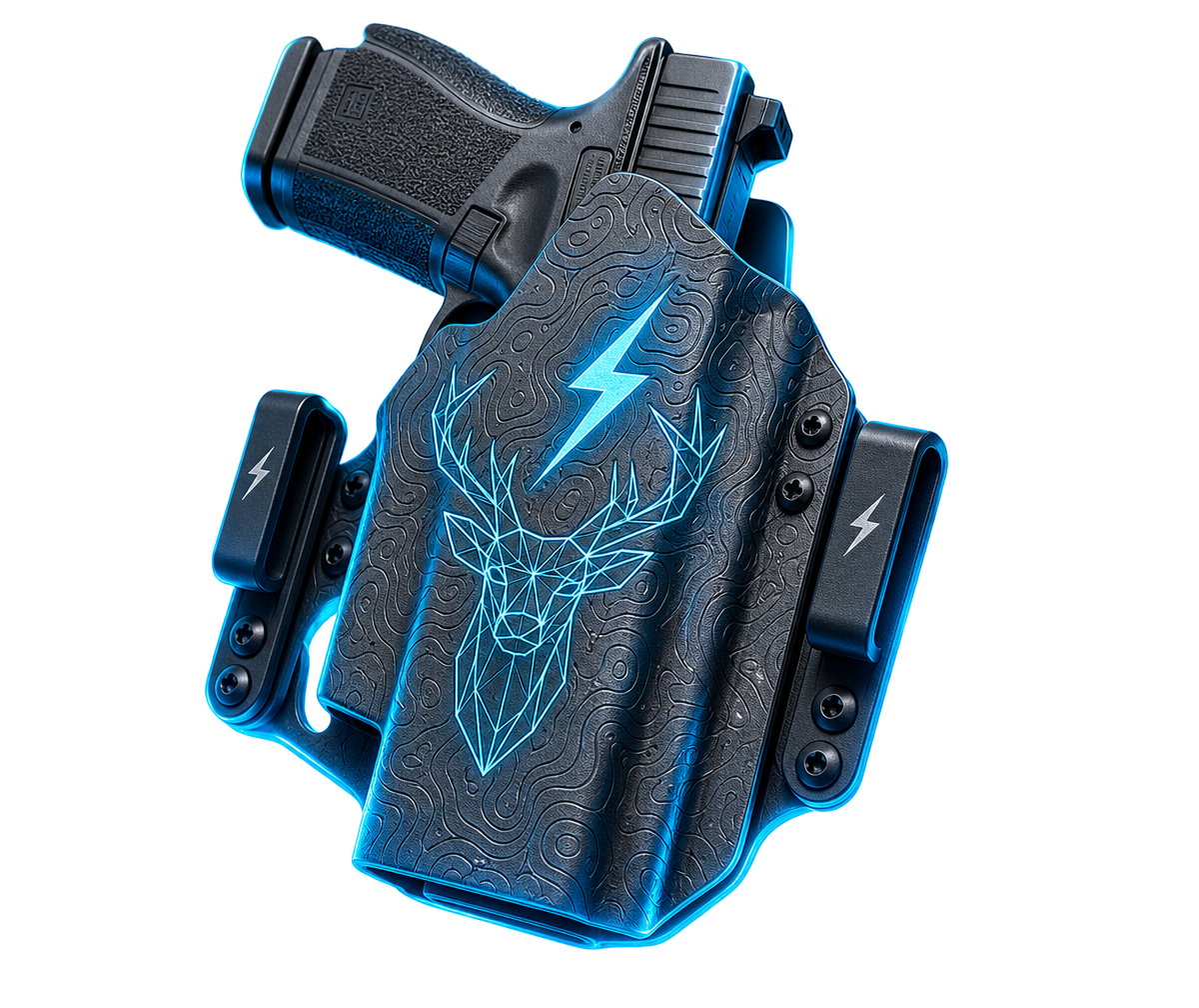 Custom FIG TAC topographic Kydex holster wrapped in electric blue lightning